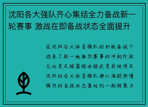 沈阳各大强队齐心集结全力备战新一轮赛事 激战在即备战状态全面提升